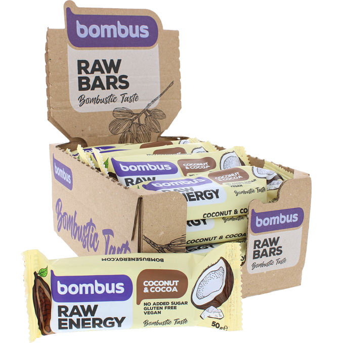 Bombus Raw Energy Välipalapatukat Taateli, Kookos & Kaakao 20-pack