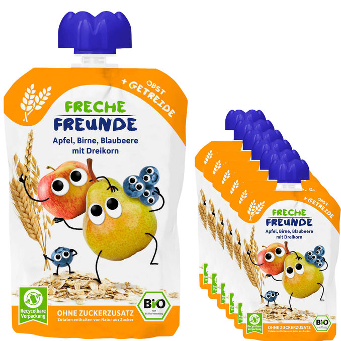 Freche Freunde BIO Quetschies Apfel, Birne, Blaubeere mit Dreikorn, 6er Pack