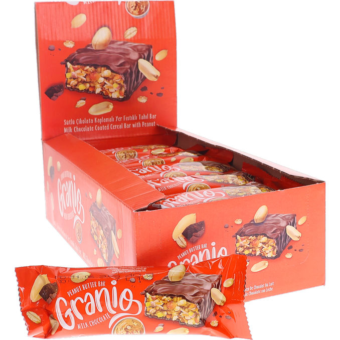 Granio 24-pak Müslibarer m. Mælkechokoladeovertræk og Peanutbutter