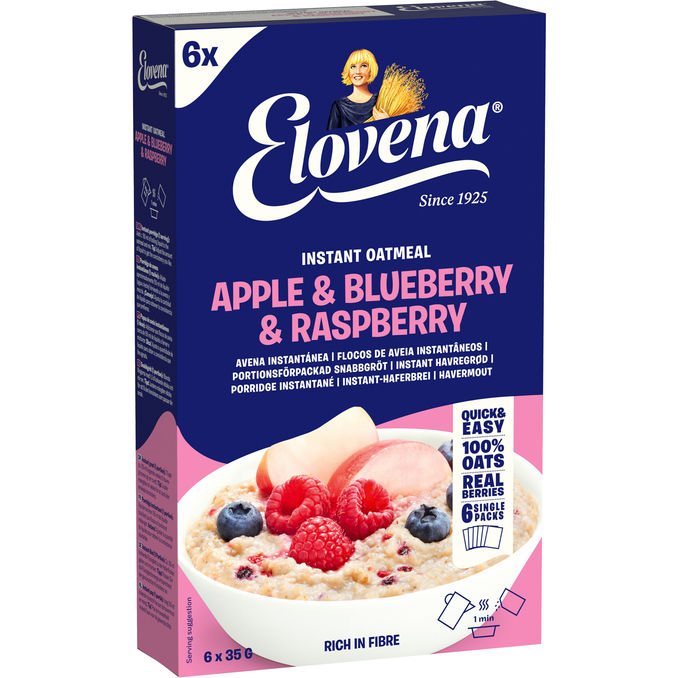 Elovena Instant Havregrynsgrød m. Æble, Blåbær og Hindbær